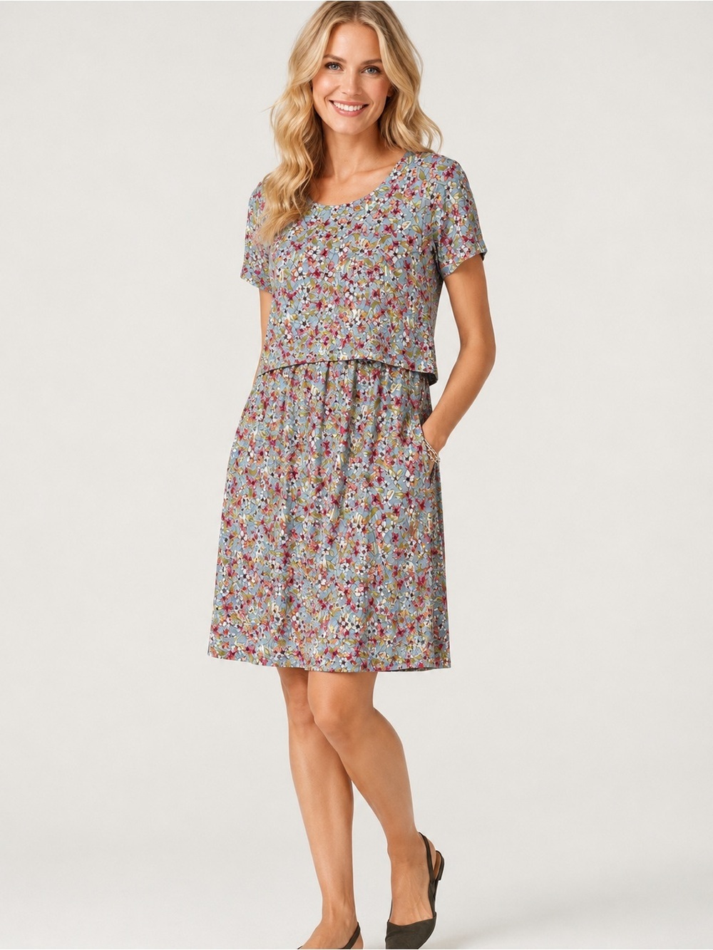 J.Jill Blue Floral Layered Short Sleeve Dress MP M Petite Back Button Accents